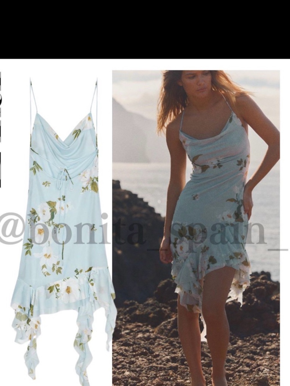 Zara Floral Satin Slip Dress Asymmetric Ruffle Hem Blue Green Medium NWT - Picture 3 of 8